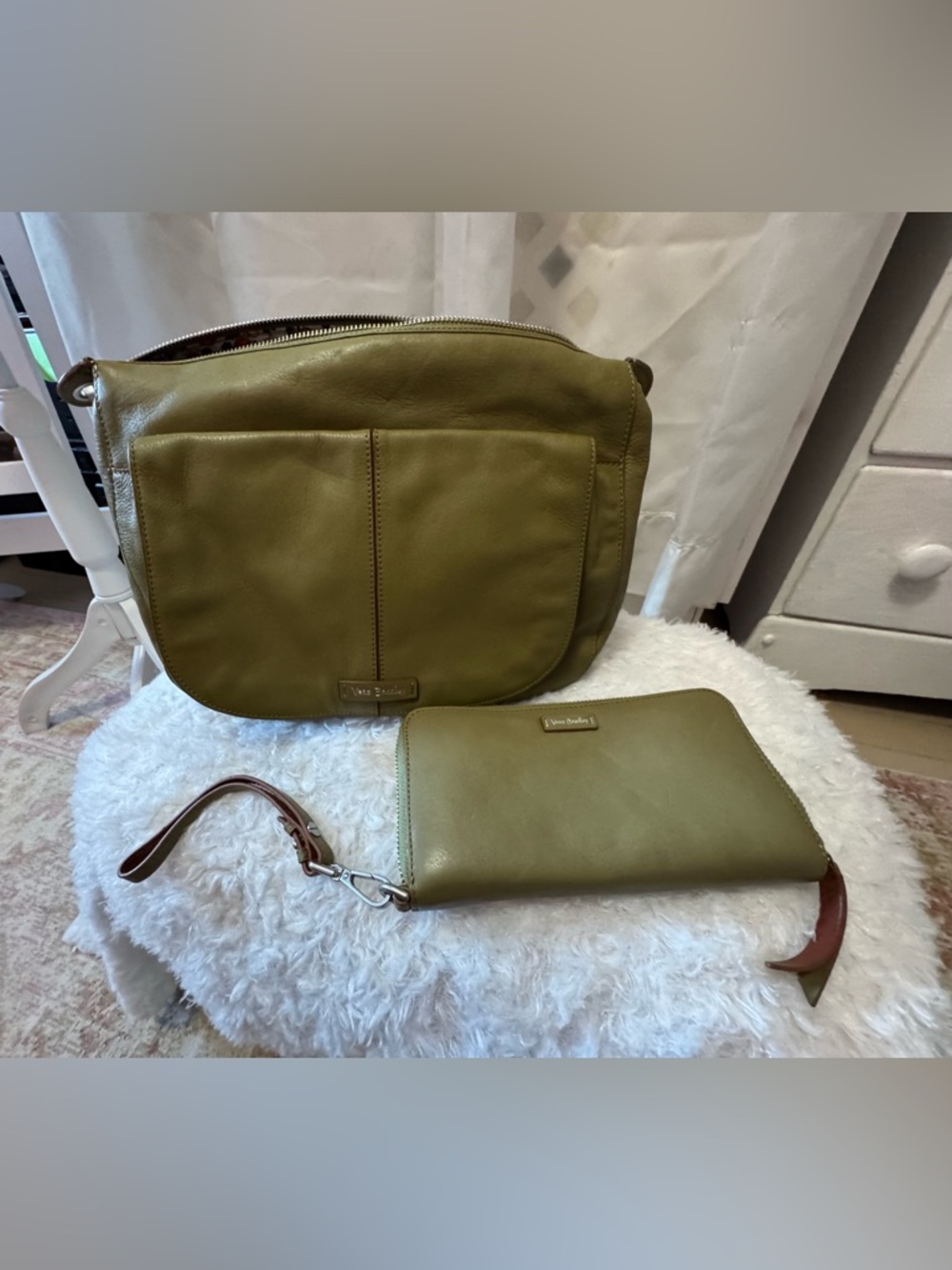 Vera Bradley Olive Green Leather Shoulder Bag with Matching Wallet